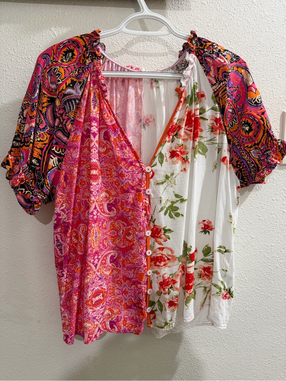 Mixed-Print Pink Floral Button-Front Women’s Blouse NWOT